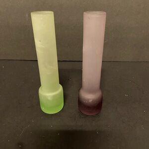 Frosted Green and Purple Glass  Vintage Vases, cylinder shaped bud vase
